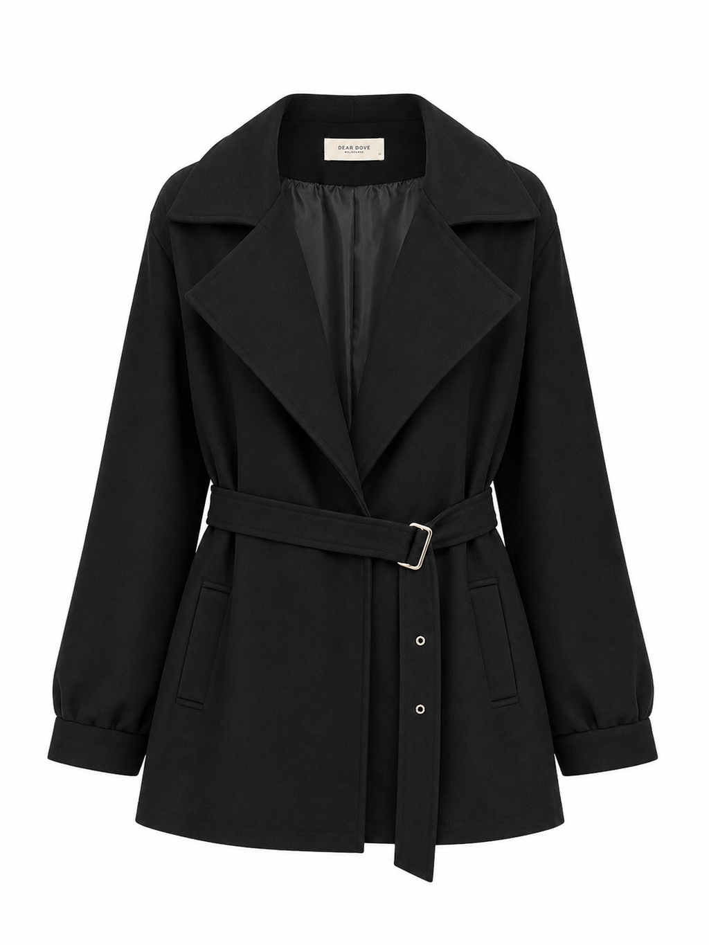 Aurora Black Trench Coat buttonless with belt