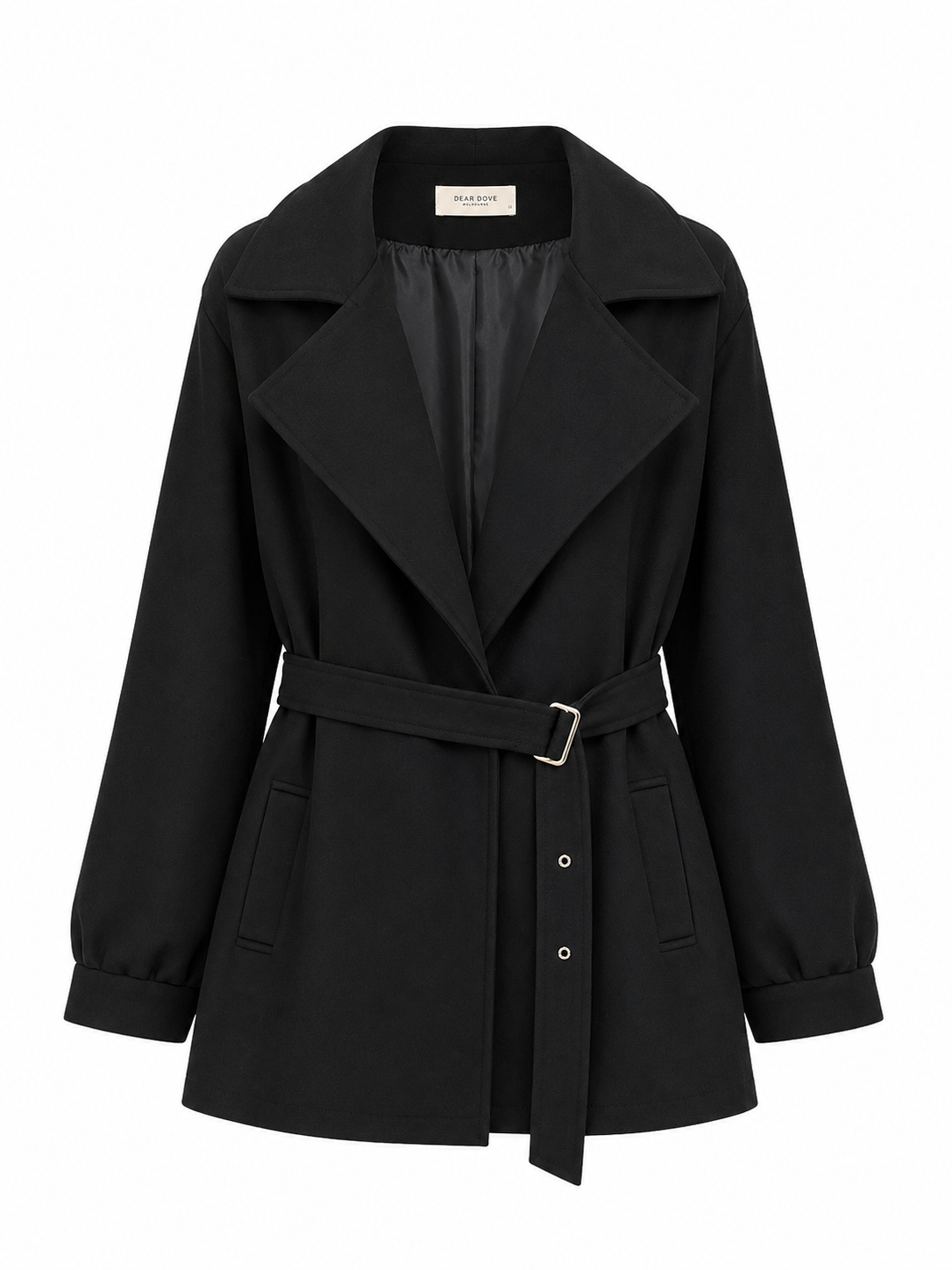Aurora Black Trench Coat buttonless with belt