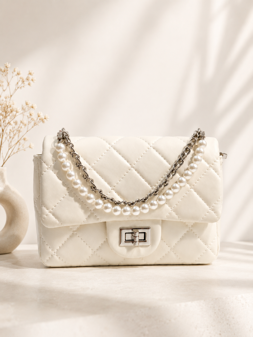 Ivana  quilted vegan leather with pearl handle bag