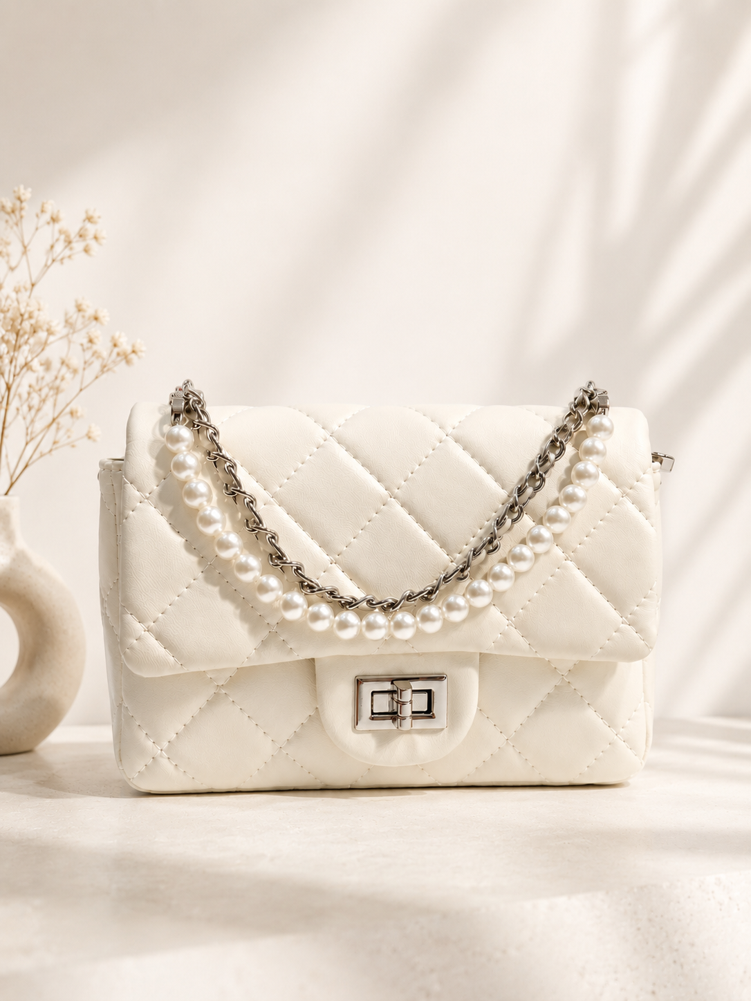 Ivana  quilted vegan leather with pearl handle bag